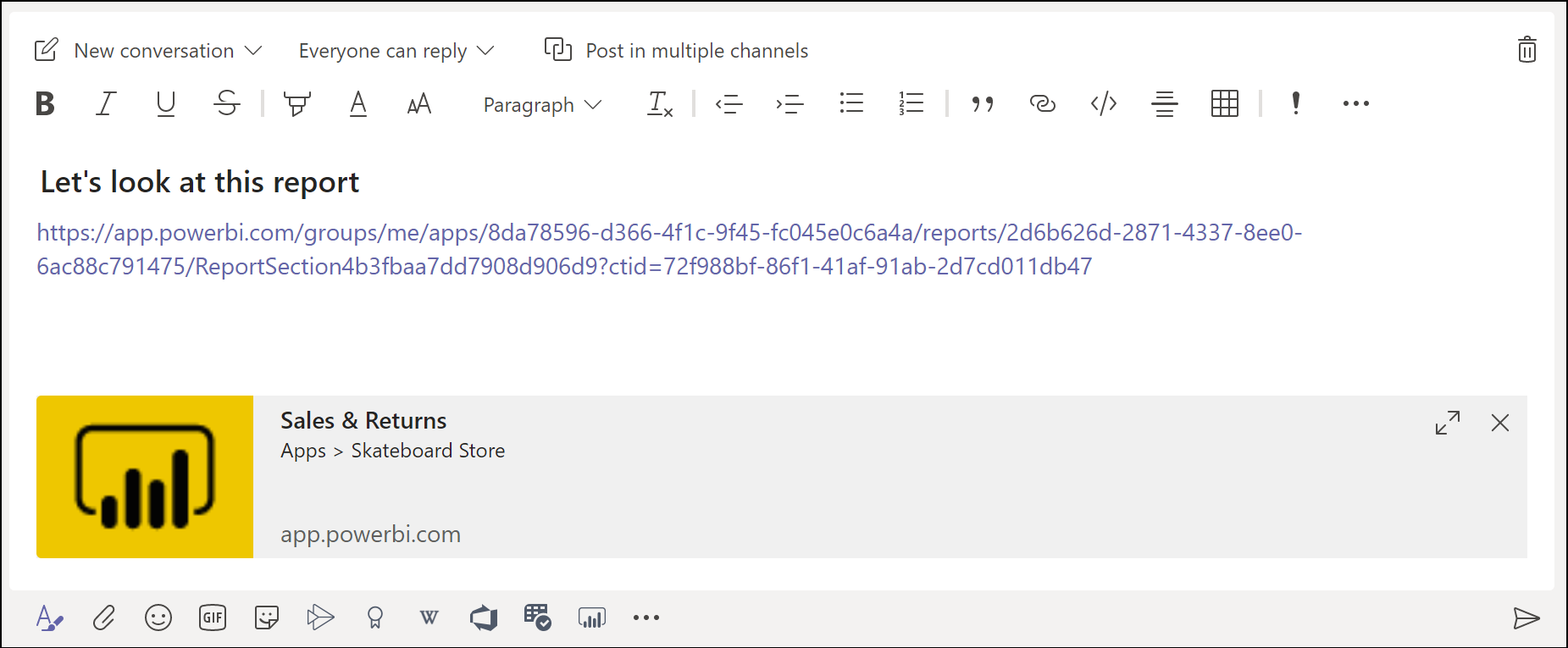 The Microsoft Teams message box is shown with a basic link preview for a Power BI report.