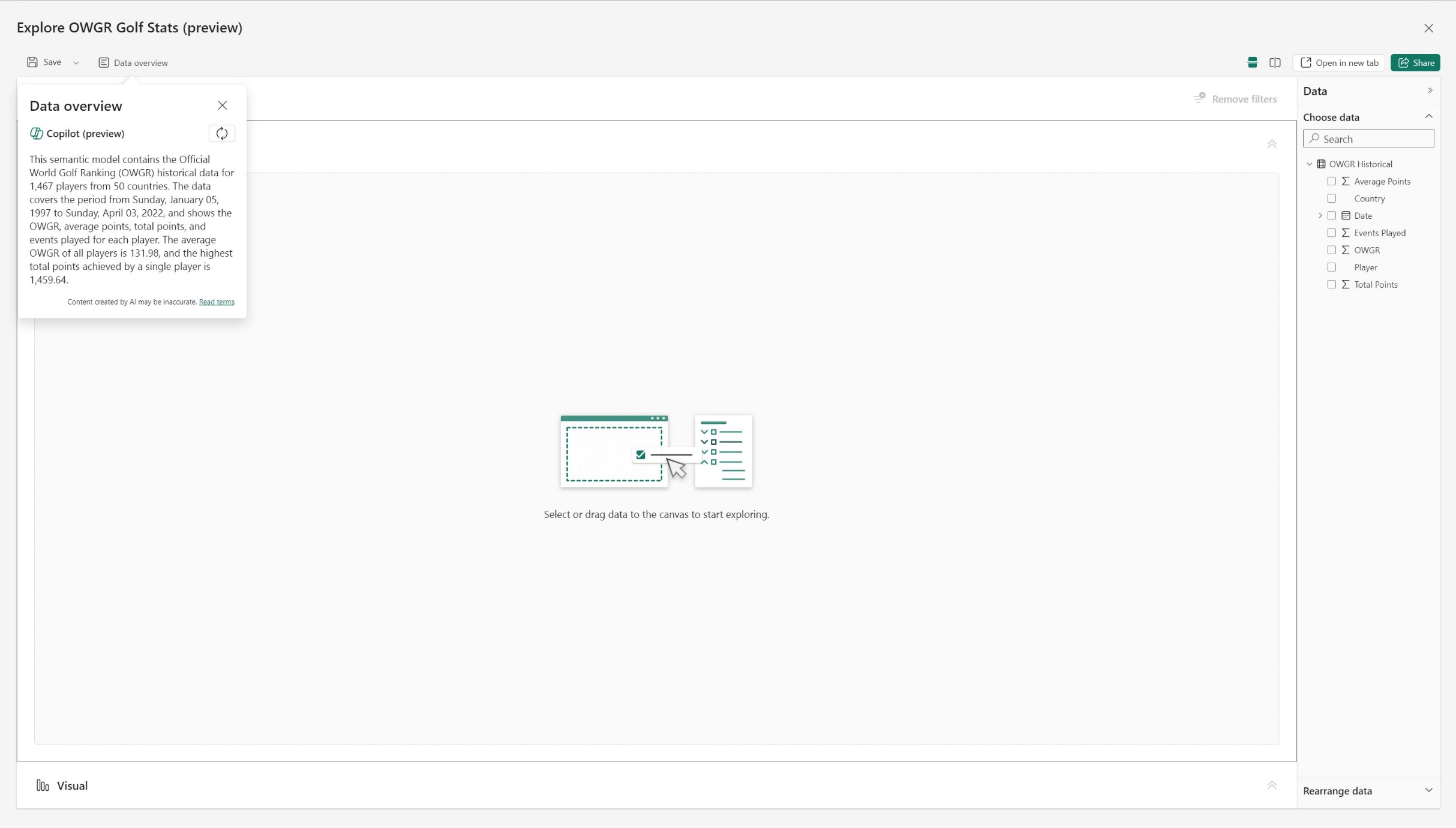 A screenshot of a computer, Powered by Copilot, data overview gives you a summary of what’s contained in the data you’re exploring and highlights some interesting tidbits to get you started.