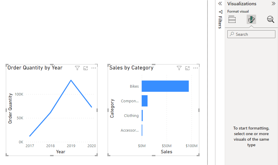 A screenshot of a graph, Visualizations. Order Quantity by Year, Sales by Category. 