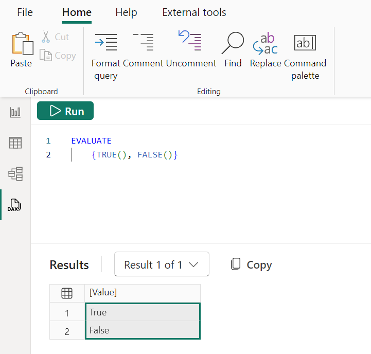 A screenshot of a computer, Boolean values are now showing in the Results grid.