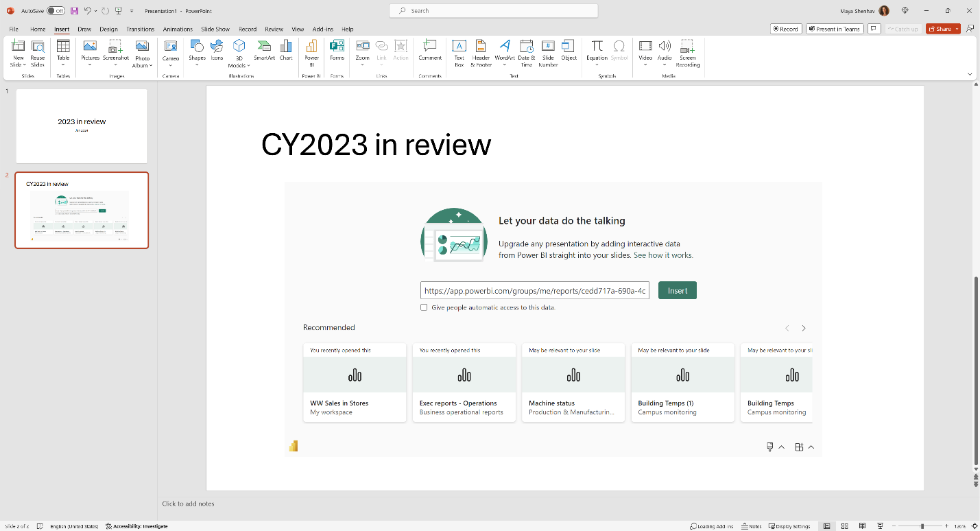 A screenshot of a computer, Using a sharable link ensures that other users viewing the presentation have the required permission to see the report, and do not need to request access when viewing the presentation.