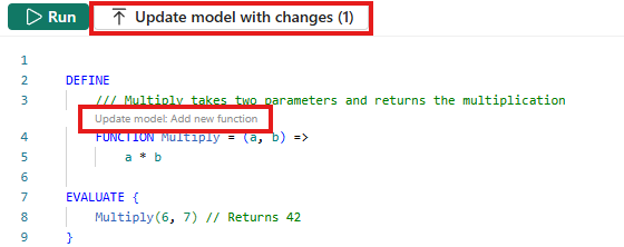 In DQV you can either update the model with changes or use the code lens just above the function definition to store the function to your model.