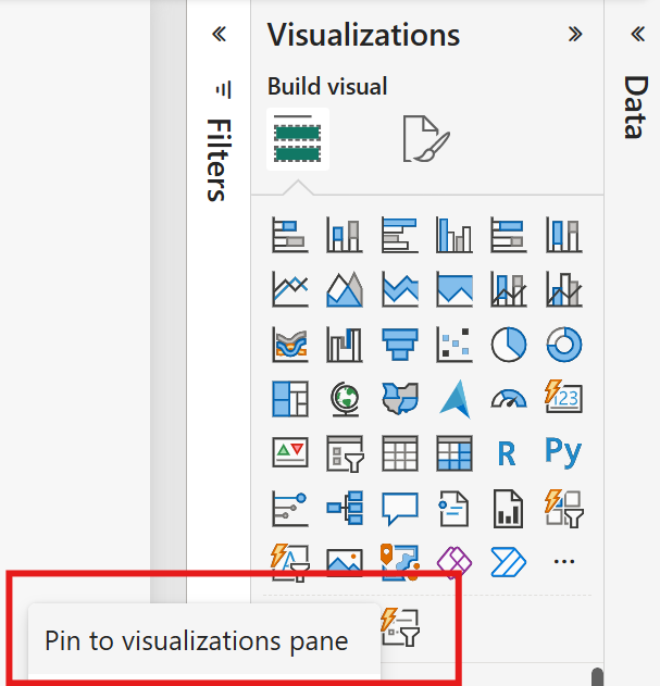 Power BI visualization pane illustrating preview visuals grouped below a divider line, separate from pinned visuals.