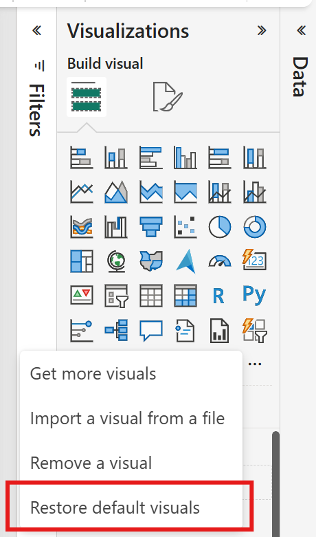 Power BI visualization pane overflow menu showing “Restore default visuals,” used to reset the pane and reveal visuals hidden by default.