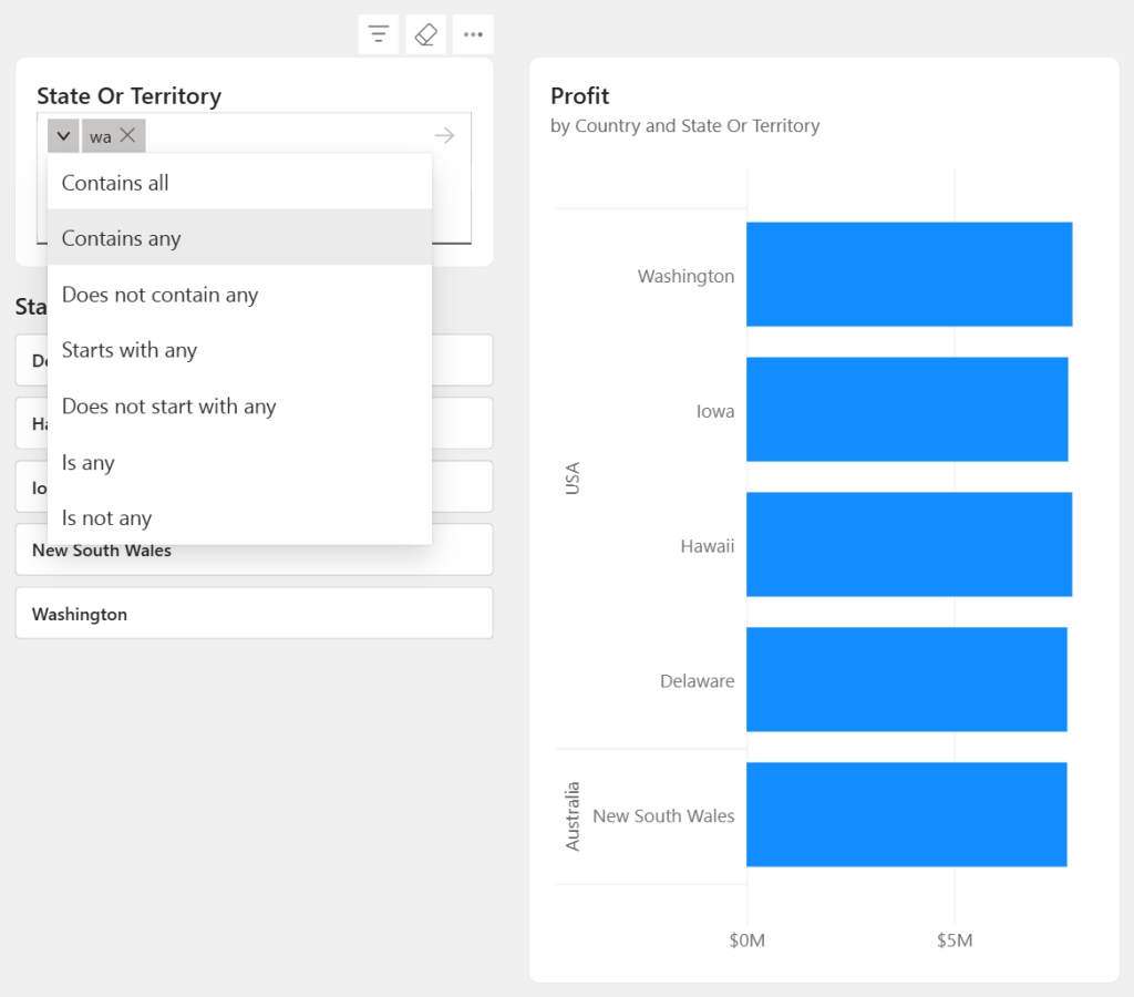The image is a data table in a software interface, showing a dropdown menu for selecting various state or territory names, with options to filter by profit and other criteria.
AI-generated content may be incorrect.